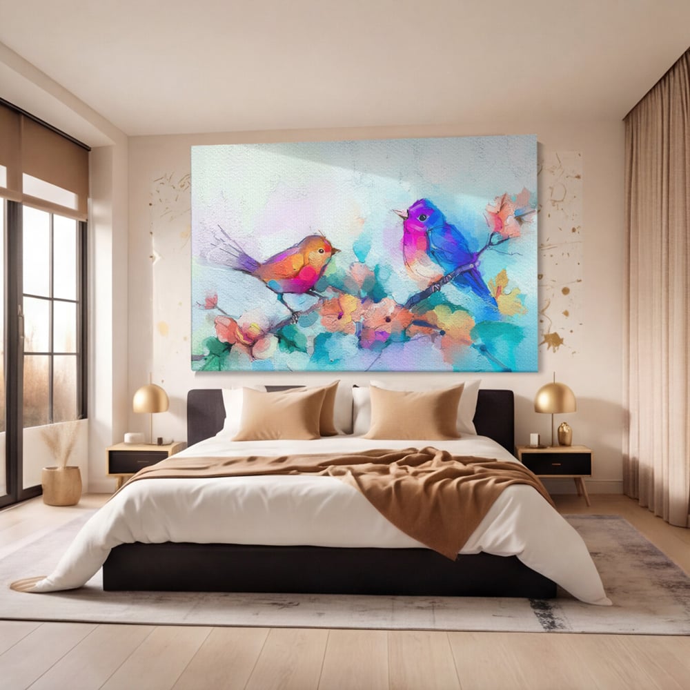 Tablou canvas cu pictura digitala cu doua pasari colorate, fara rama, pe sasiu de lemn, pe perete intr-un dormitor